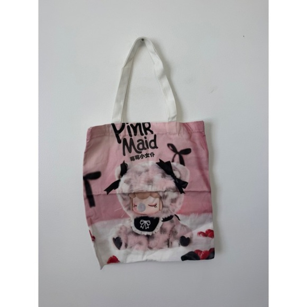 Nanci-Inspired Tea Time Kitties Canvas Tote – Black Bows & Strawberries – NWOT